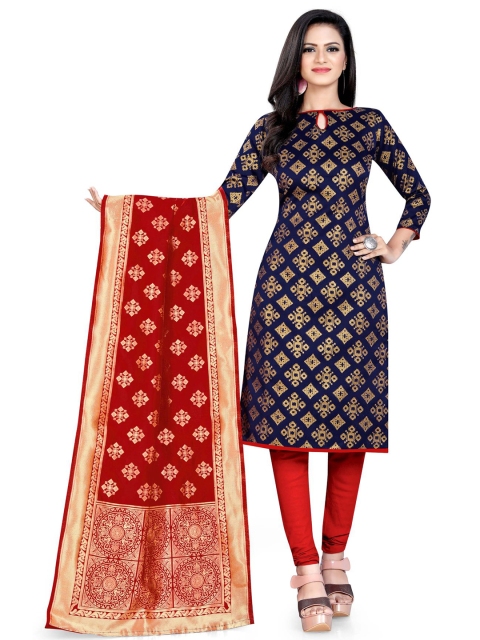 

MORLY Blue & Red Dupion Silk Unstitched Dress Material