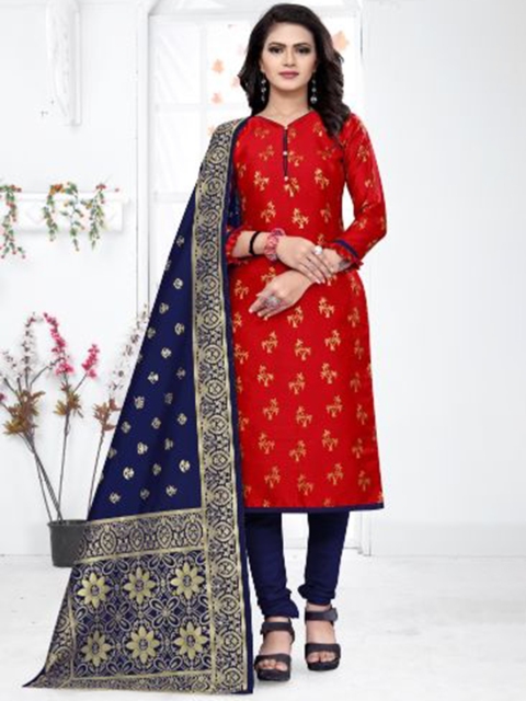 

MORLY Red & Navy Blue Dupion Silk Unstitched Dress Material