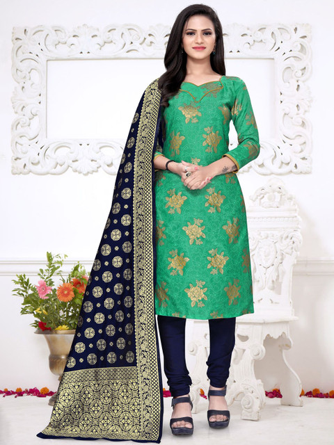 

MORLY Green & Navy Blue Dupion Silk Unstitched Dress Material