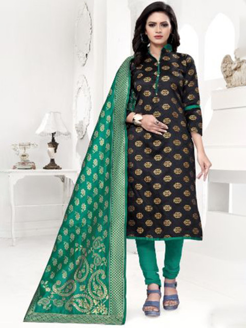 

MORLY Black & Green Dupion Silk Unstitched Dress Material