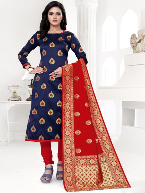 

MORLY Blue & Red Dupion Silk Unstitched Dress Material