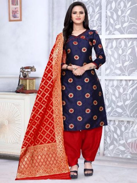

MORLY Navy Blue & Red Dupion Silk Unstitched Dress Material