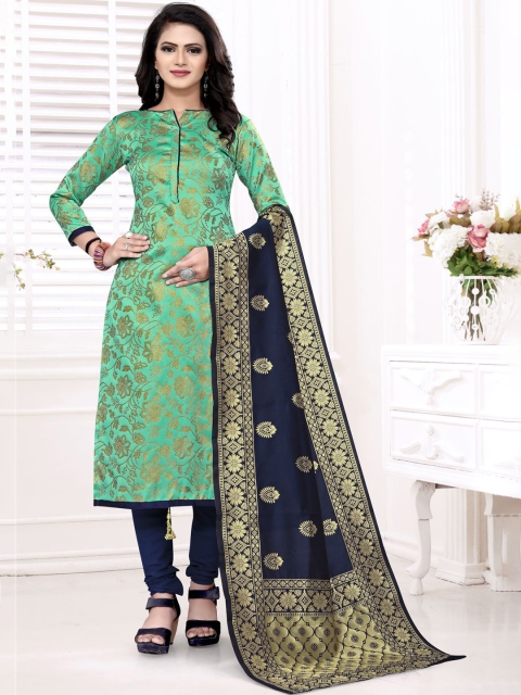 

MORLY Sea Green & Navy Blue Dupion Silk Unstitched Dress Material