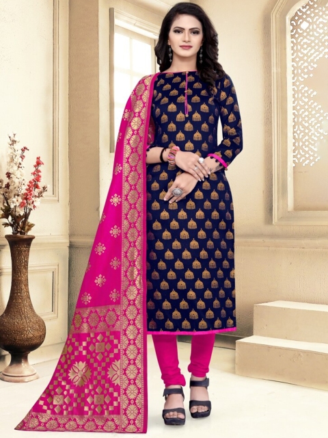 

MORLY Navy Blue & Pink Dupion Silk Unstitched Dress Material