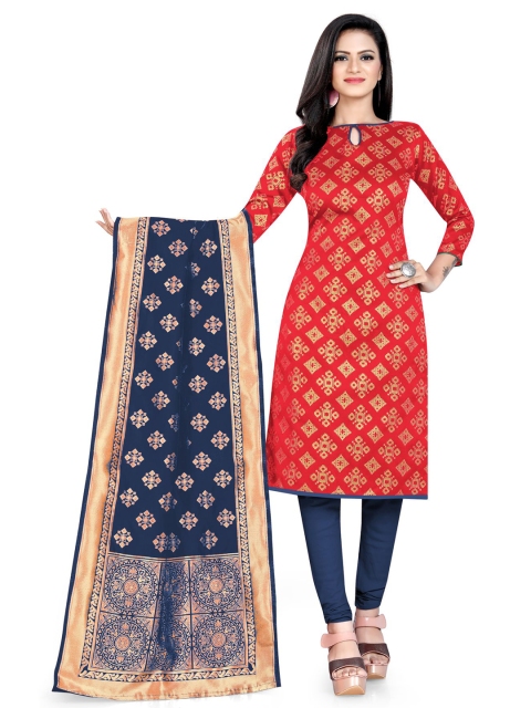

MORLY Red & Blue Dupion Silk Unstitched Dress Material