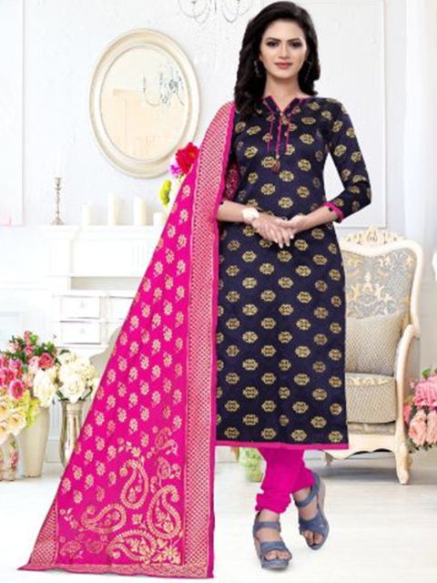 

MORLY Blue & Pink Dupion Silk Unstitched Dress Material