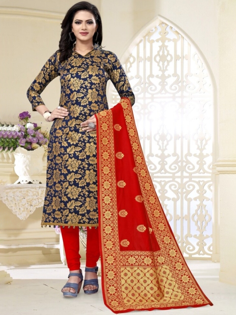 

MORLY Navy Blue & Red Dupion Silk Unstitched Dress Material