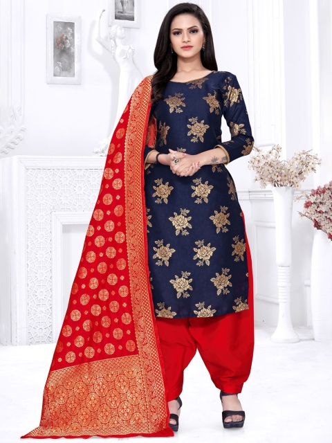 

MORLY Blue & Red Dupion Silk Unstitched Dress Material