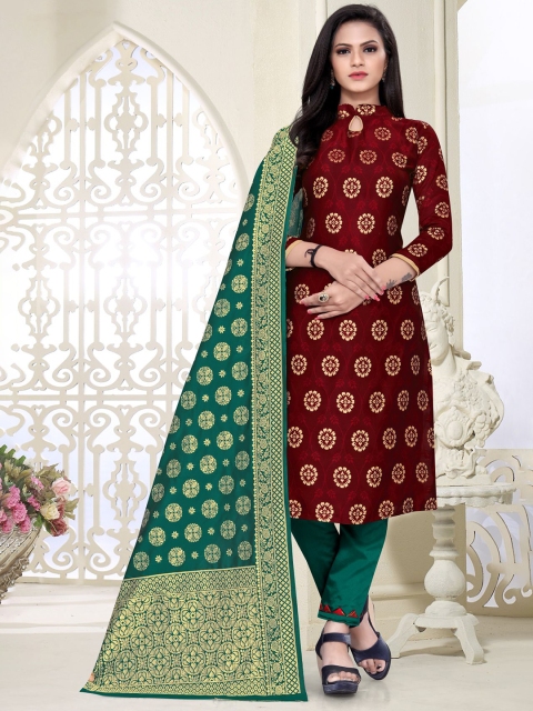 

MORLY Maroon & Blue Dupion Silk Unstitched Dress Material