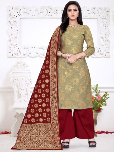

MORLY Beige & Maroon Dupion Silk Unstitched Dress Material