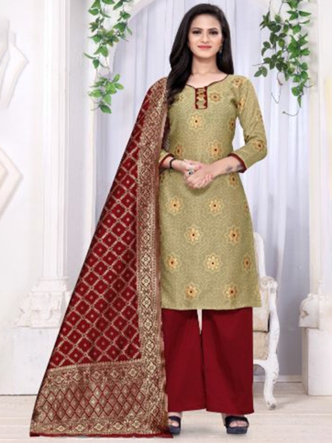 

MORLY Beige & Maroon Dupion Silk Unstitched Dress Material