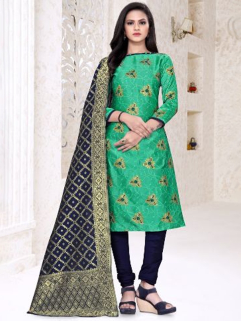 

MORLY Green & Blue Dupion Silk Unstitched Dress Material