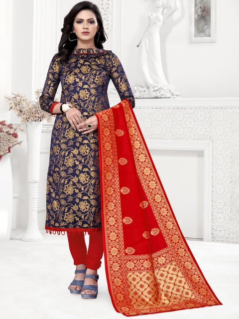 

MORLY Blue & Red Dupion Silk Unstitched Dress Material