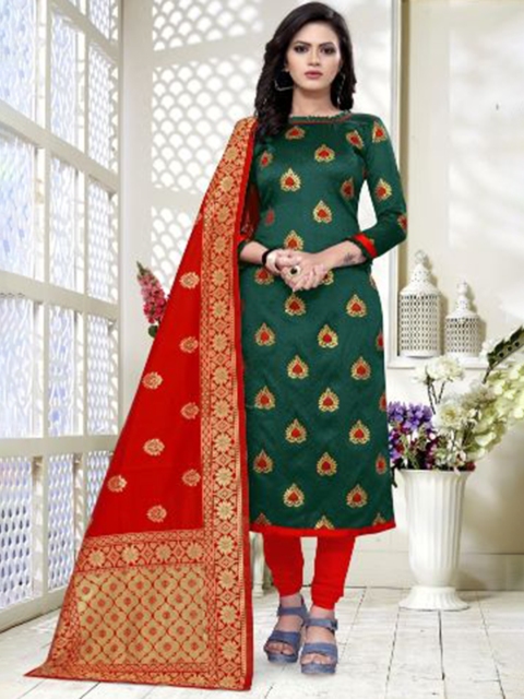 

MORLY Green & Red Dupion Silk Unstitched Dress Material