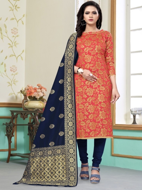 

MORLY Peach-Coloured & Blue Dupion Silk Unstitched Dress Material