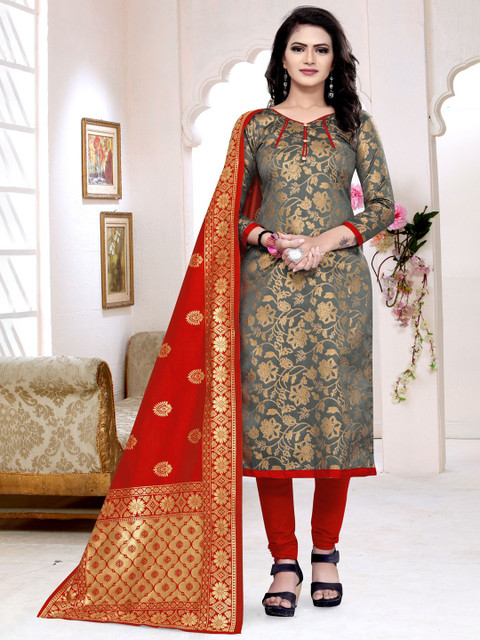 

MORLY Grey & Red Dupion Silk Unstitched Dress Material
