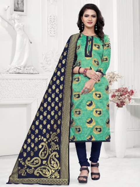 

MORLY Sea Green & Blue Dupion Silk Unstitched Dress Material