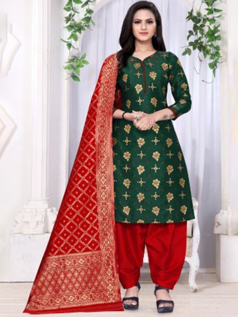 

MORLY Green & Maroon Dupion Silk Unstitched Dress Material