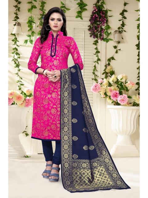 

MORLY Pink & Blue Dupion Silk Unstitched Dress Material