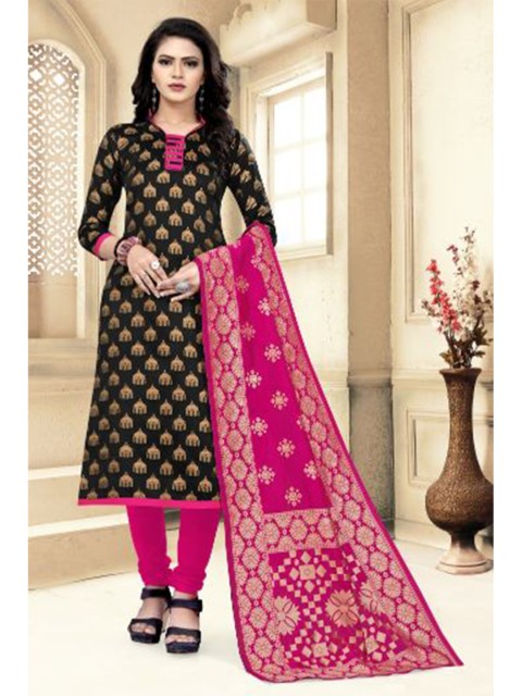

MORLY Black & Pink Dupion Silk Unstitched Dress Material