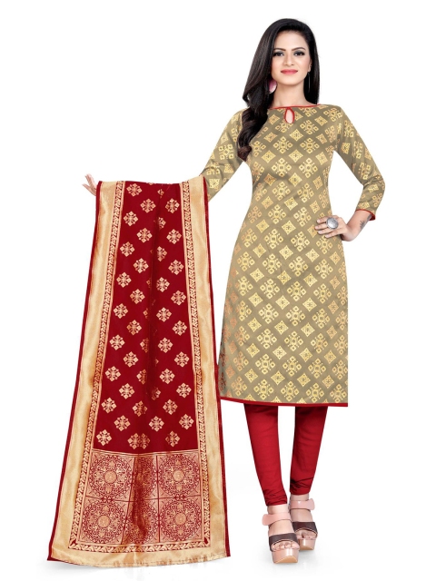 

MORLY Beige & Maroon Dupion Silk Unstitched Dress Material