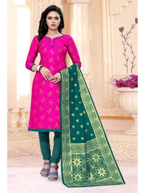 

MORLY Pink & Green Dupion Silk Unstitched Dress Material