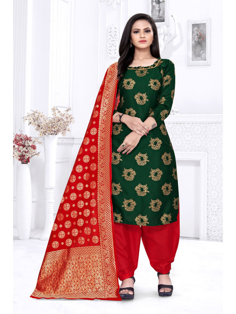 

MORLY Green & Maroon Dupion Silk Unstitched Dress Material