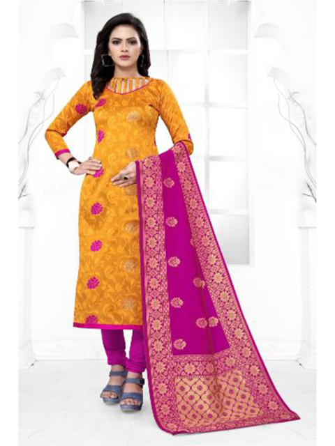 

MORLY Yellow & Purple Dupion Silk Unstitched Dress Material