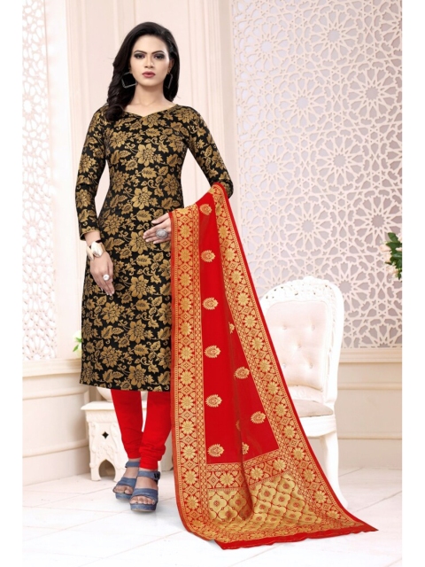 

MORLY Black & Red Dupion Silk Unstitched Dress Material