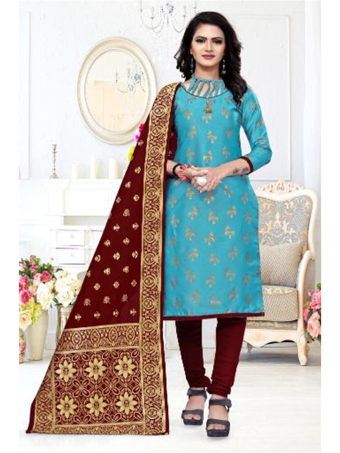 

MORLY Turquoise Blue & Maroon Dupion Silk Unstitched Dress Material