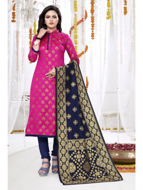 

MORLY Pink & Blue Dupion Silk Unstitched Dress Material