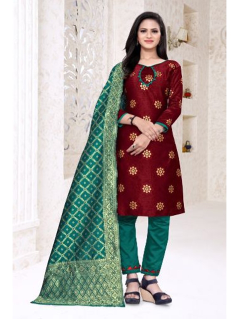 

MORLY Maroon & Blue Dupion Silk Unstitched Dress Material