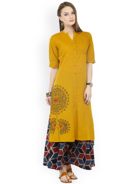 

Varanga Mustard Cotton Blend Embroidery Kurta With Palazzo