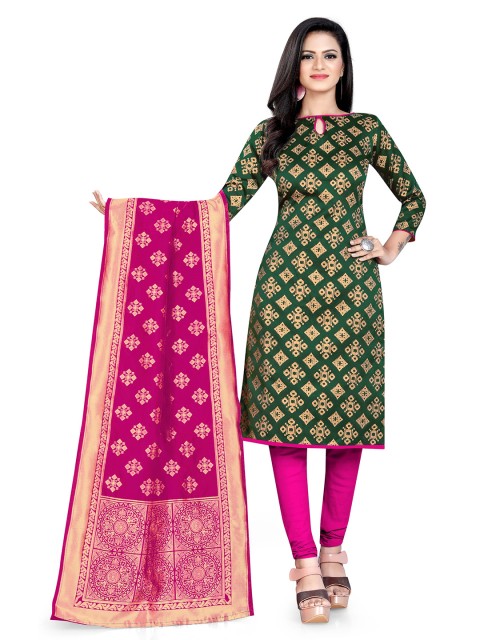 

MORLY Green & Pink Dupion Silk Unstitched Dress Material
