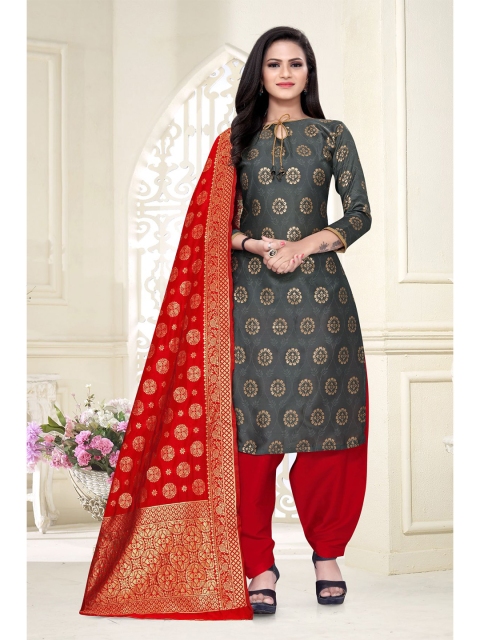 

MORLY Grey & Red Dupion Silk Unstitched Dress Material