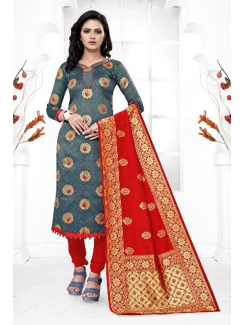 

MORLY Grey & Red Dupion Silk Unstitched Dress Material