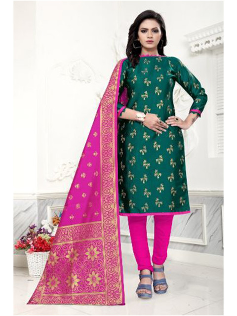 

MORLY Green & Pink Dupion Silk Unstitched Dress Material
