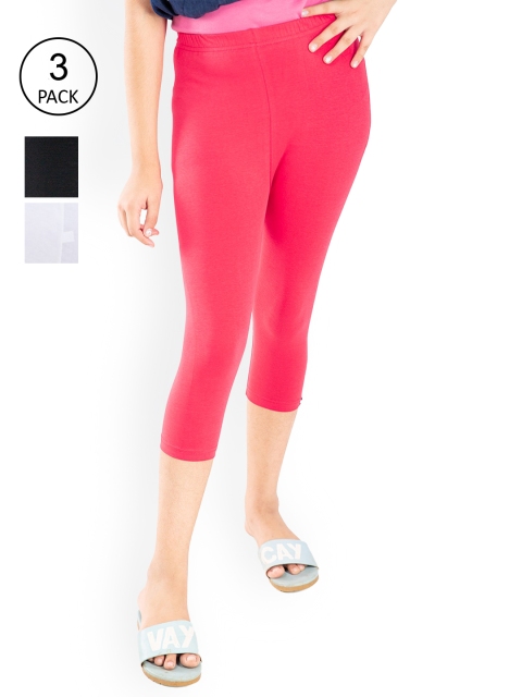 

indian flower Girls Pack Of 3 Pink White Solid Cotton Leggings