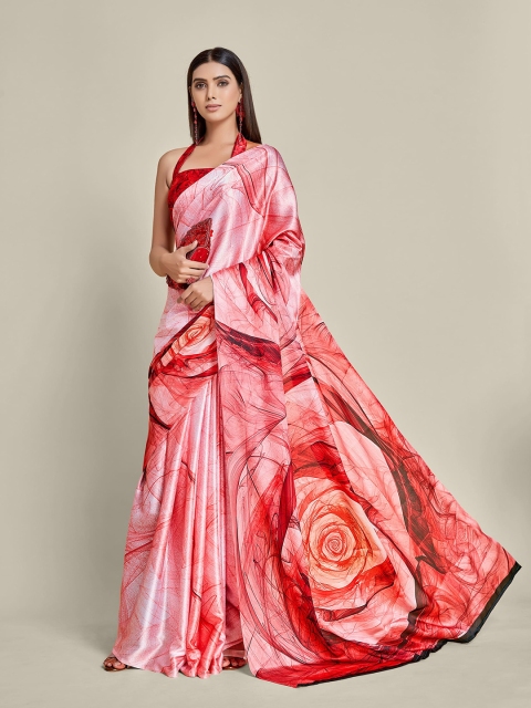 

all about you Red & Pink Floral Printed Satin Saree