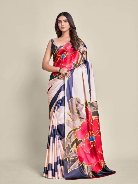 

all about you Cream-Coloured & Red Floral Printed Satin Saree