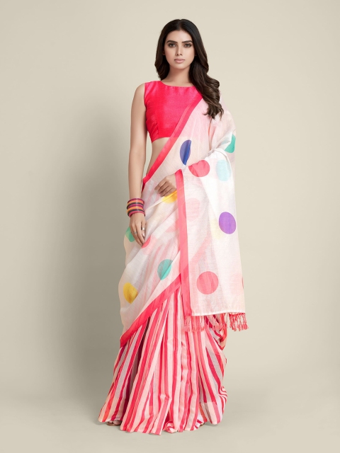 

all about you White & Peach-Coloured Polka Dots Printed Saree