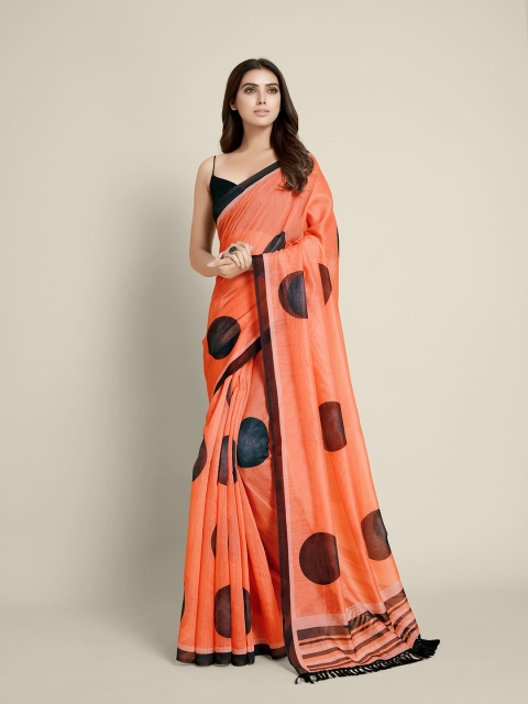 

all about you Peach-Coloured & Black Polka Dots Printed Saree
