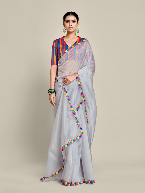 

all about you Grey & Pink Organza Fringed Border Saree