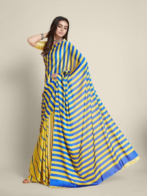 

all about you Yellow & Blue Striped Satin Saree
