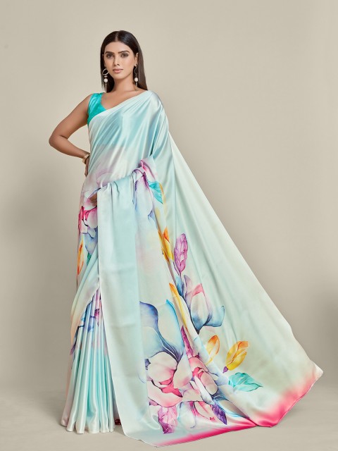 

all about you Turquoise Blue & Pink Floral Printed Satin Saree