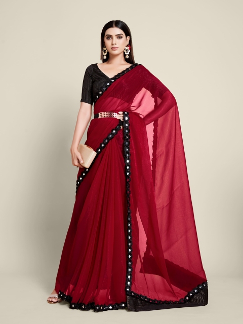 

all about you Red & Black Mirror Work Silk Blend Saree
