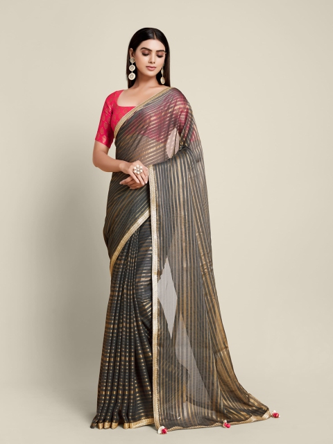 

all about you Grey & Gold-Toned Striped Pure Silk Saree