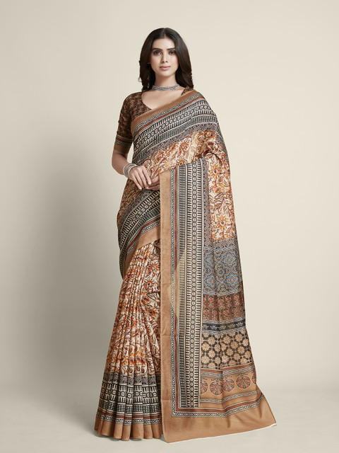 

all about you Gold-Toned & Brown Floral Silk Cotton Saree
