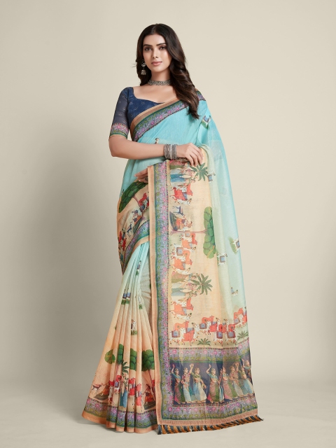 

all about you Turquoise Blue & Red Floral Printed Saree