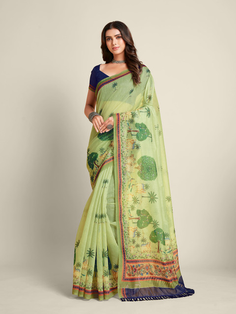 

all about you Green & Red Floral Printed Saree